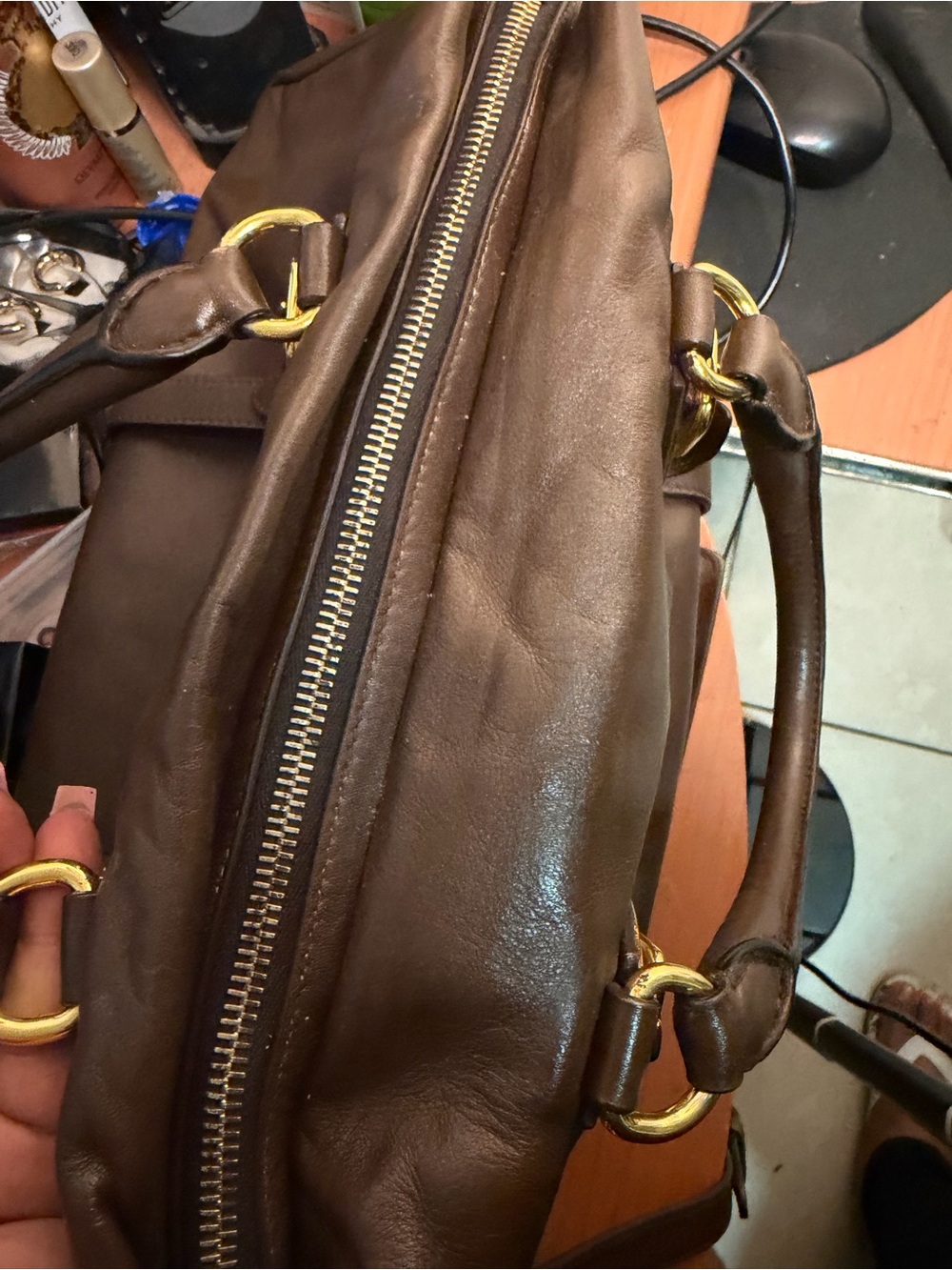 Authentic Prada Dark Brown Leather Satchel with Gold Hardware - Picture 9 of 14